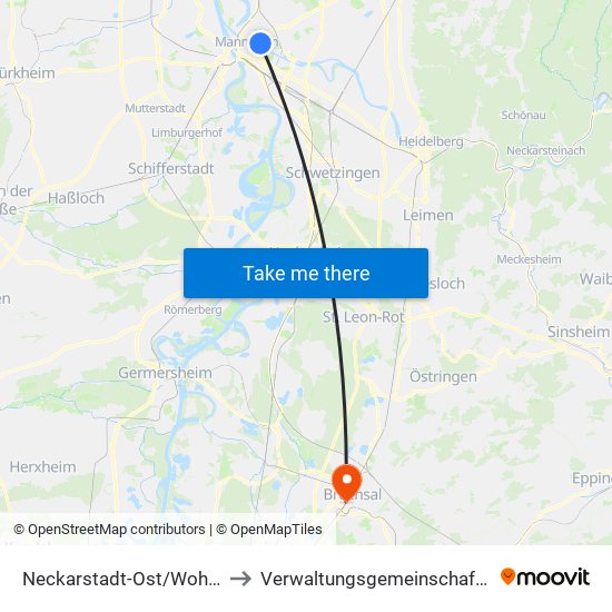 Neckarstadt-Ost/Wohlgelegen to Verwaltungsgemeinschaft Bruchsal map