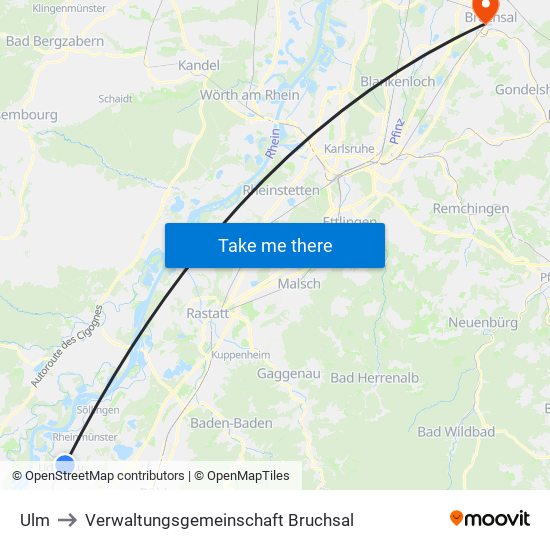 Ulm to Verwaltungsgemeinschaft Bruchsal map