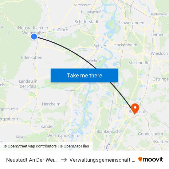 Neustadt An Der Weinstraße to Verwaltungsgemeinschaft Bruchsal map