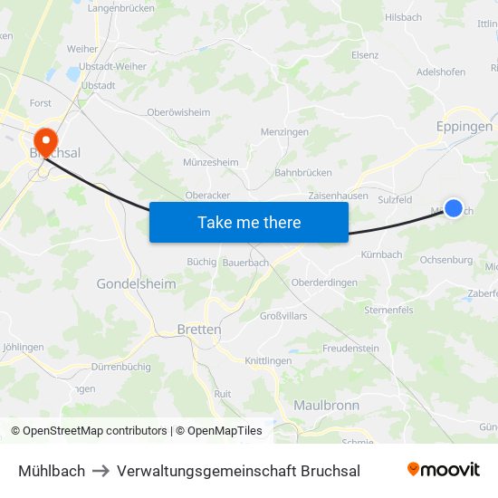 Mühlbach to Verwaltungsgemeinschaft Bruchsal map