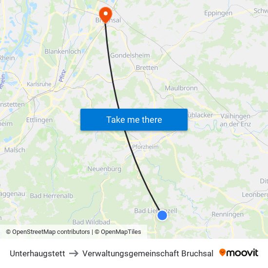 Unterhaugstett to Verwaltungsgemeinschaft Bruchsal map