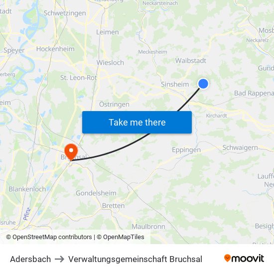 Adersbach to Verwaltungsgemeinschaft Bruchsal map