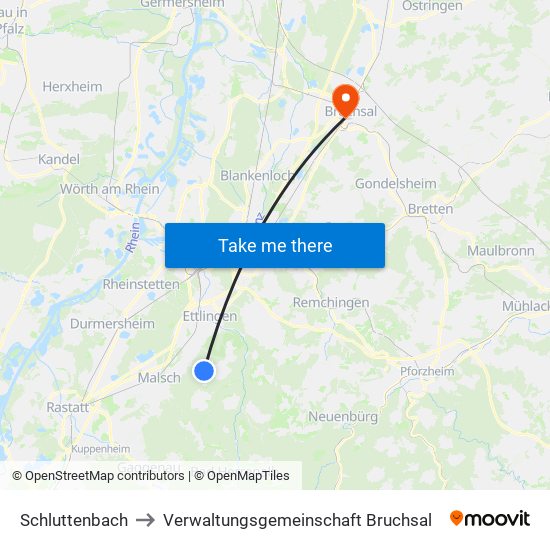 Schluttenbach to Verwaltungsgemeinschaft Bruchsal map
