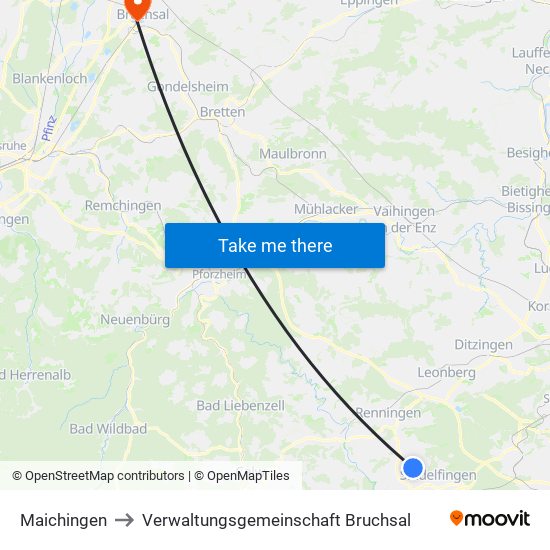 Maichingen to Verwaltungsgemeinschaft Bruchsal map