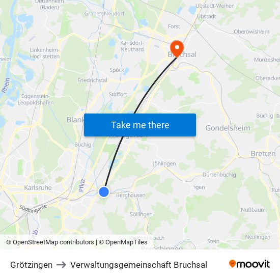 Grötzingen to Verwaltungsgemeinschaft Bruchsal map