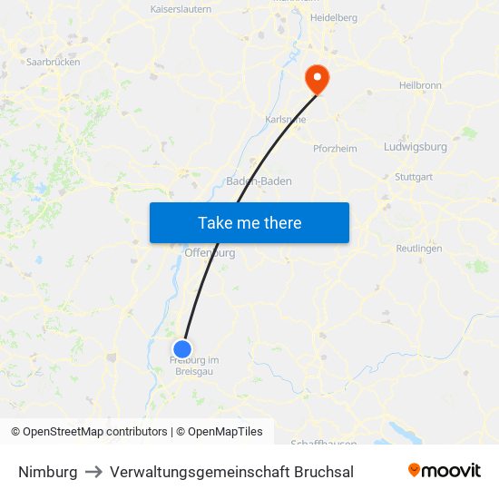 Nimburg to Verwaltungsgemeinschaft Bruchsal map