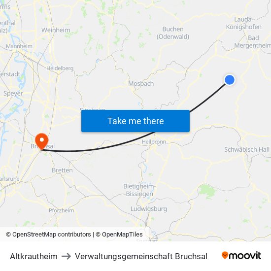 Altkrautheim to Verwaltungsgemeinschaft Bruchsal map
