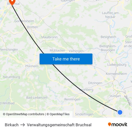 Birkach to Verwaltungsgemeinschaft Bruchsal map