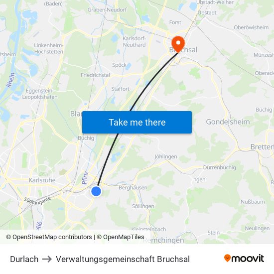 Durlach to Verwaltungsgemeinschaft Bruchsal map