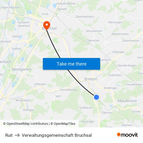 Ruit to Verwaltungsgemeinschaft Bruchsal map