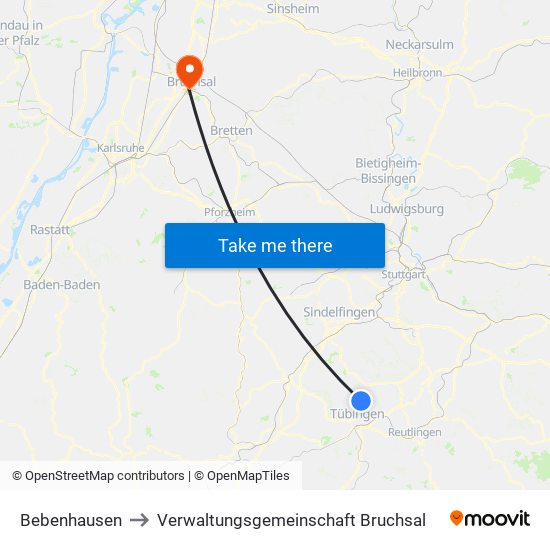 Bebenhausen to Verwaltungsgemeinschaft Bruchsal map