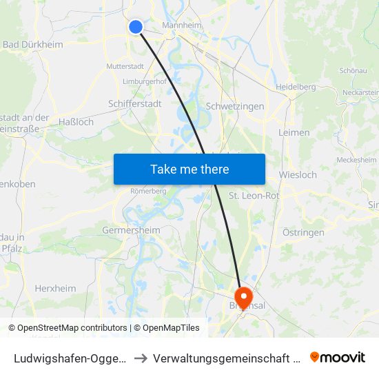 Ludwigshafen-Oggersheim to Verwaltungsgemeinschaft Bruchsal map