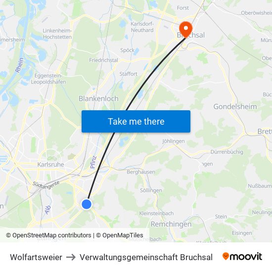 Wolfartsweier to Verwaltungsgemeinschaft Bruchsal map