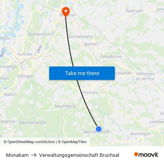 Monakam to Verwaltungsgemeinschaft Bruchsal map