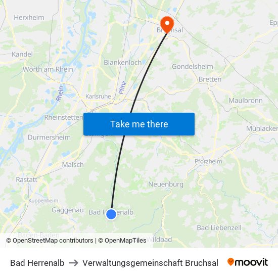 Bad Herrenalb to Verwaltungsgemeinschaft Bruchsal map