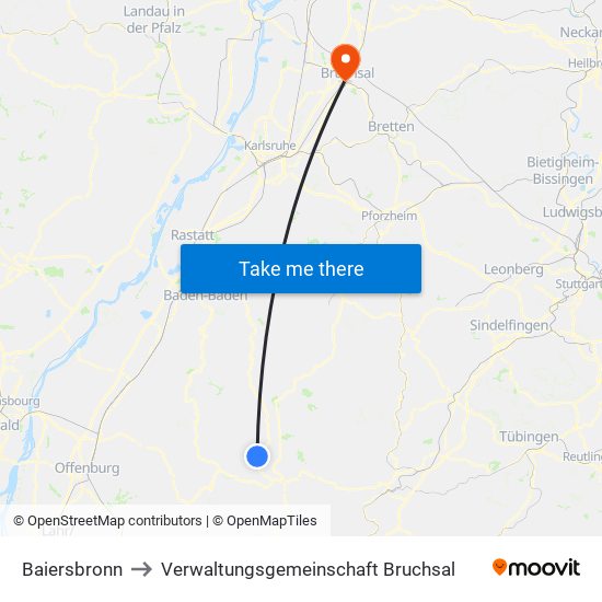 Baiersbronn to Verwaltungsgemeinschaft Bruchsal map