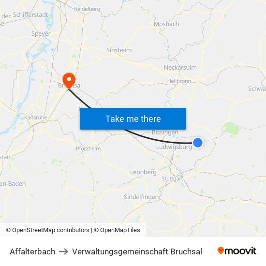 Affalterbach to Verwaltungsgemeinschaft Bruchsal map