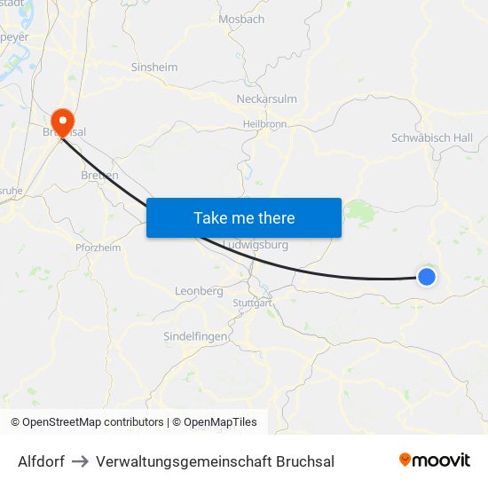 Alfdorf to Verwaltungsgemeinschaft Bruchsal map