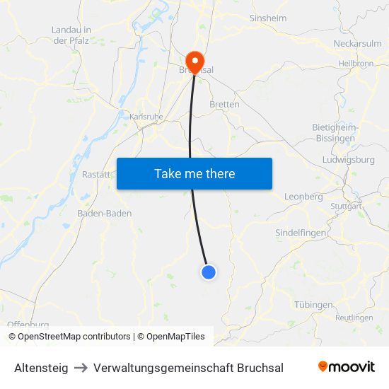 Altensteig to Verwaltungsgemeinschaft Bruchsal map