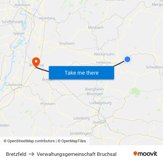 Bretzfeld to Verwaltungsgemeinschaft Bruchsal map