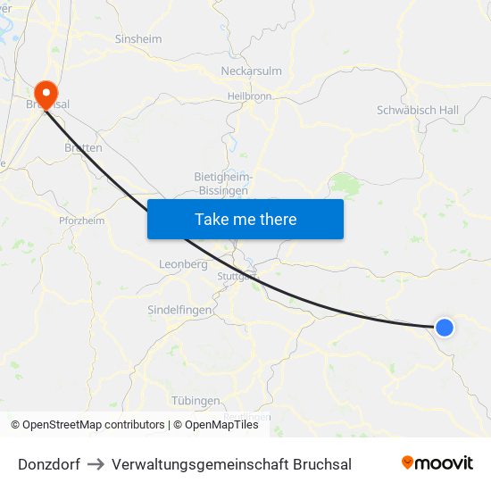 Donzdorf to Verwaltungsgemeinschaft Bruchsal map