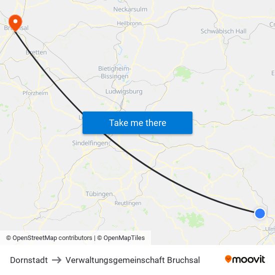 Dornstadt to Verwaltungsgemeinschaft Bruchsal map