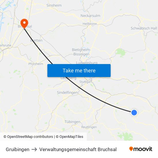 Gruibingen to Verwaltungsgemeinschaft Bruchsal map