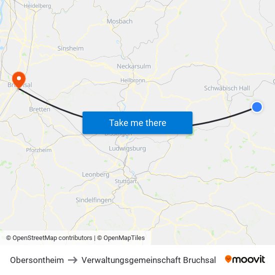Obersontheim to Verwaltungsgemeinschaft Bruchsal map
