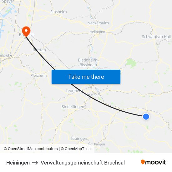 Heiningen to Verwaltungsgemeinschaft Bruchsal map