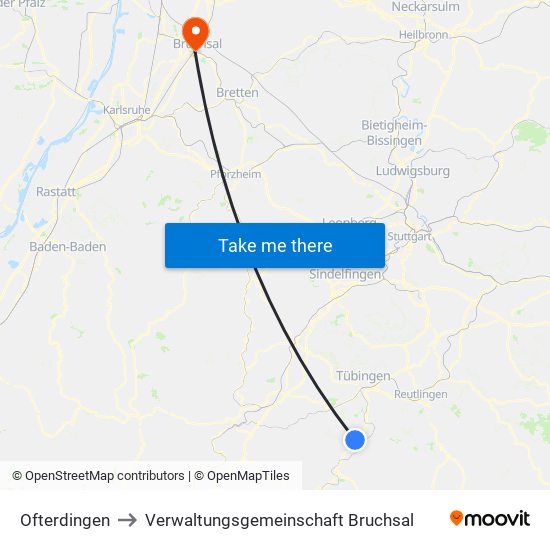 Ofterdingen to Verwaltungsgemeinschaft Bruchsal map