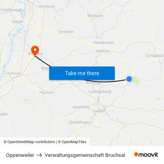 Oppenweiler to Verwaltungsgemeinschaft Bruchsal map