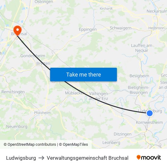 Ludwigsburg to Verwaltungsgemeinschaft Bruchsal map