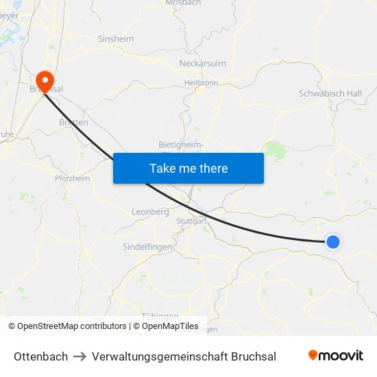 Ottenbach to Verwaltungsgemeinschaft Bruchsal map