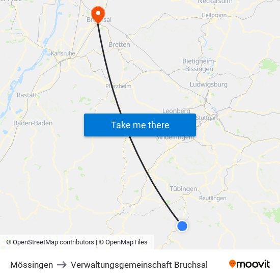 Mössingen to Verwaltungsgemeinschaft Bruchsal map