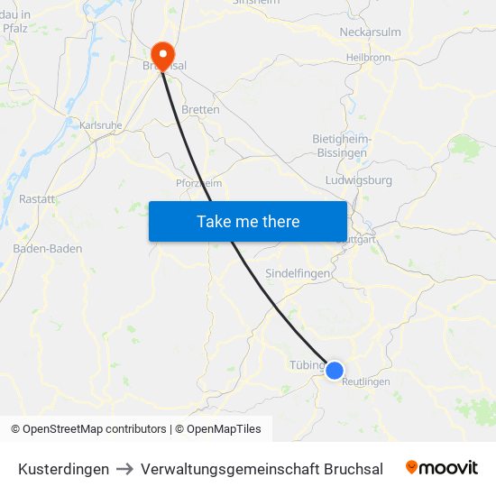 Kusterdingen to Verwaltungsgemeinschaft Bruchsal map