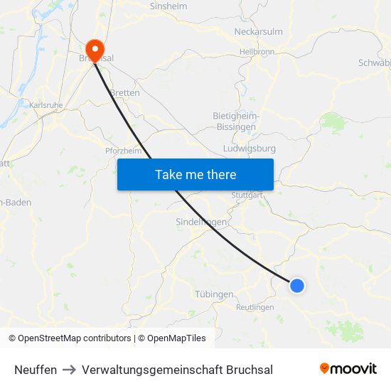 Neuffen to Verwaltungsgemeinschaft Bruchsal map