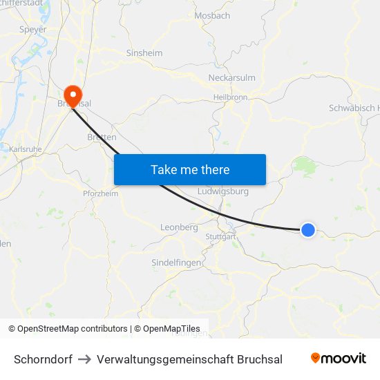 Schorndorf to Verwaltungsgemeinschaft Bruchsal map