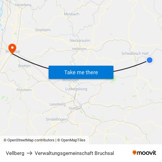 Vellberg to Verwaltungsgemeinschaft Bruchsal map