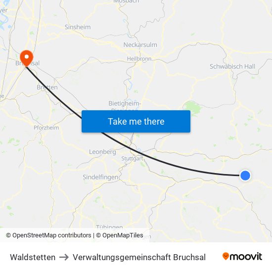 Waldstetten to Verwaltungsgemeinschaft Bruchsal map