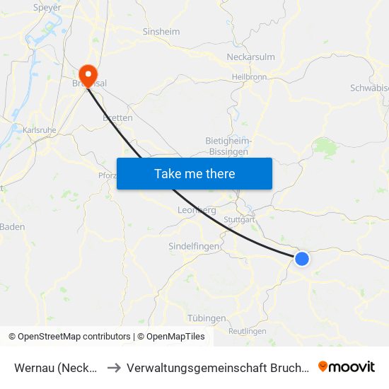 Wernau (Neckar) to Verwaltungsgemeinschaft Bruchsal map