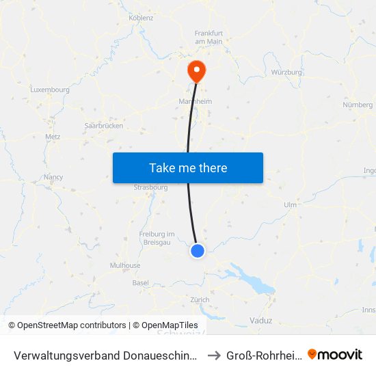 Verwaltungsverband Donaueschingen to Groß-Rohrheim map