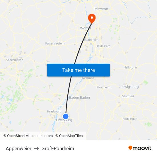 Appenweier to Groß-Rohrheim map