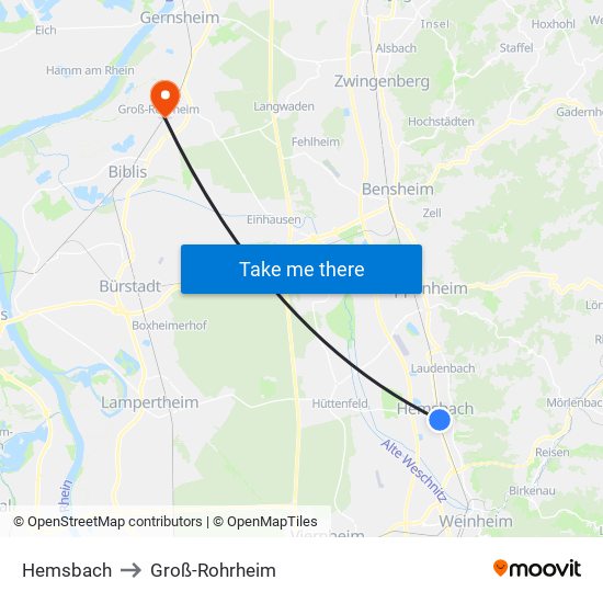 Hemsbach to Groß-Rohrheim map