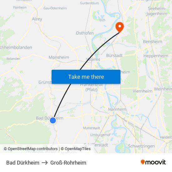 Bad Dürkheim to Groß-Rohrheim map