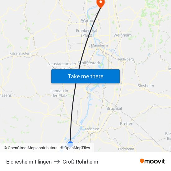 Elchesheim-Illingen to Groß-Rohrheim map