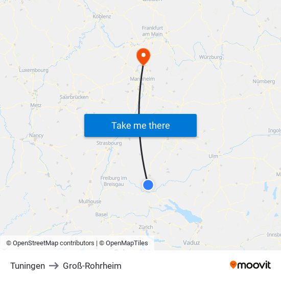 Tuningen to Groß-Rohrheim map