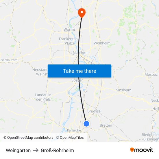 Weingarten to Groß-Rohrheim map