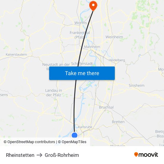 Rheinstetten to Groß-Rohrheim map