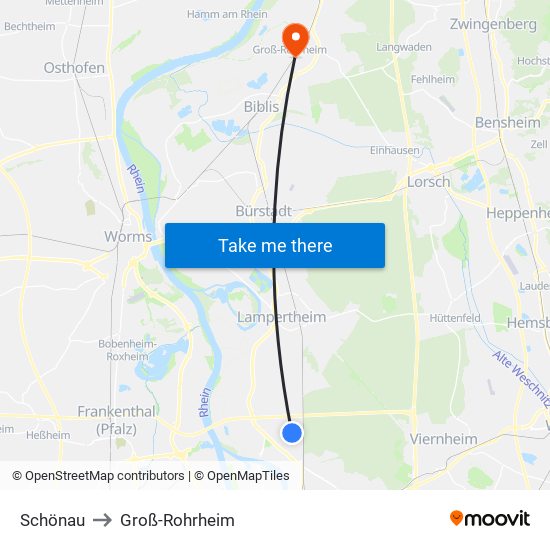 Schönau to Groß-Rohrheim map