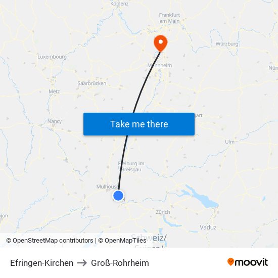 Efringen-Kirchen to Groß-Rohrheim map